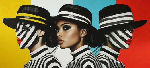  pop art style portrait of three caucasian models with a large hat posing on camera, black and...