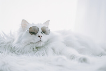 White fluffy cat in sunglasses. - 764098841
