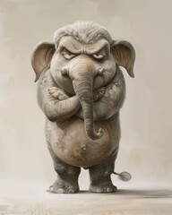 A cartoon elephant stands upright with crossed arms, wearing a scowling expression and furrowed brows.

