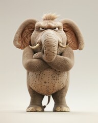 cartoon elephant stands upright with crossed arms, wearing a scowling expression and furrowed brows - obrazy, fototapety, plakaty