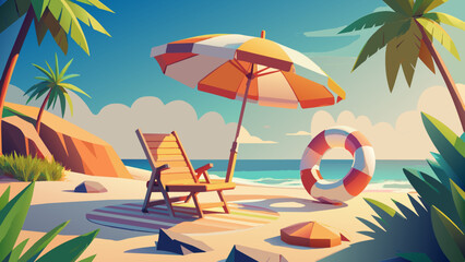 Beach umbrella with chairs, inflatable ring on beach sand. 
