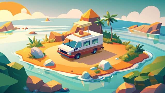 Mini van parking on a beach island, beach vacation concept
