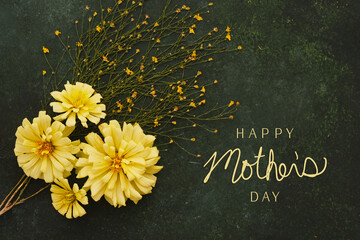 Happy Mothers day greeting background with yellow zinnia flowers. - 764099428