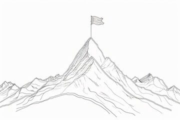 A minimalist line drawing of a mountain peak with a single conquered flag waving triumphantly at the summit