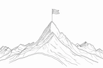 Foto op Plexiglas A minimalist line drawing of a mountain peak with a single conquered flag waving triumphantly at the summit © Sara_P