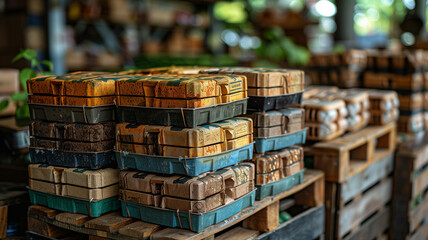 A stack of old bricks with a variety of colors