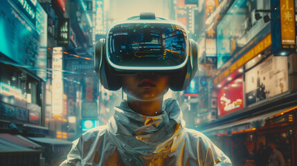 Fototapeta na wymiar a man wearing virtual reality goggles on a big city street, futuristic style