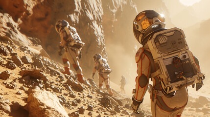 A team of space explorers in heavy-duty suits navigate a narrow path between towering cliffs on a dusty planet