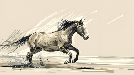 A sketch drawing of a horse running on the beach