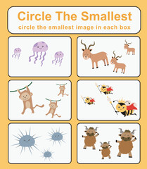 Circle the smallest worksheet. Learning about comparison. Printable activity page for kids. Educational children game