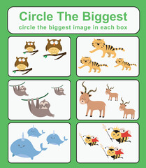 Circle the bigger worksheet. Learning about comparison. Printable activity page for kids. Educational children game