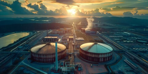 An innovative LNG storage tank in a vast industrial complex landscape. Concept Industrial Architecture, LNG Storage, Innovation in Design, Vast Landscape, Complex Structures - obrazy, fototapety, plakaty
