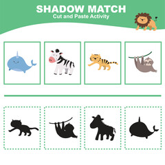 Cut the image in each box and glue it on each shadow. Find the correct shadow. Cut and paste activity for children