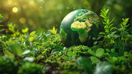 A green globe is sitting on a bed of green grass - obrazy, fototapety, plakaty