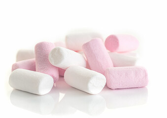 Heap of white and pink puffy marshmallow on white background. - 764100082