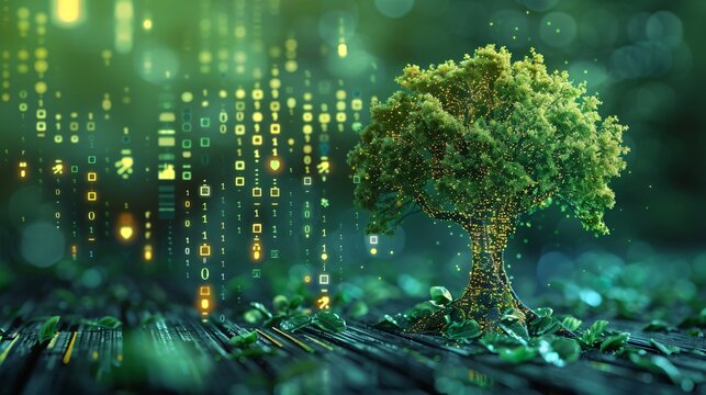 A tree that flowers with digital screens eventually fruiting into Bitcoins a metaphor for investment growth