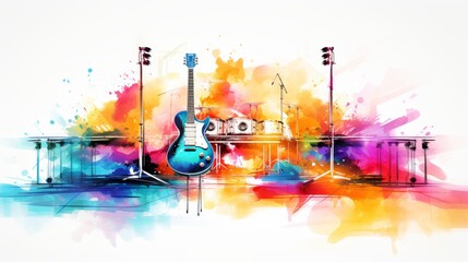 Colorful guitar and stage on watercolor art depicting musical concept in vibrant hues