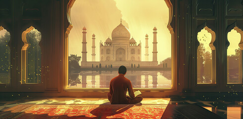 A muslim man reading the holy quran in a mosque, a view of the taj mahal from a window, in the style of a cartoon with soft lighting, a wide shot, in a cinematic style, generative ai - obrazy, fototapety, plakaty