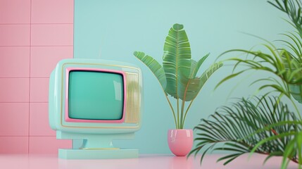 High-quality rendering of a pastel blue TV in a cute style against a soft blue color background