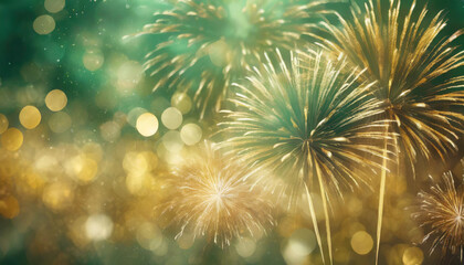 Fototapeta premium Vintage gold and green Fireworks and bokeh in New Year eve. Abstract background holiday. concept, happy christmas, greeting card. copy space.