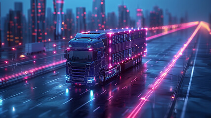 A truck is driving down a city street with neon lights on it