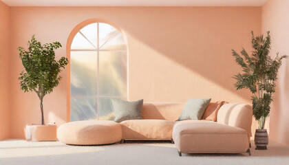 Minimalist home fuzz peach color interior design of modern living room. Curved couch against window near fuzz peach color wall. copy space. Summer vacation on a sunny day. Front view.