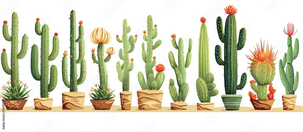 Poster several cactus plants of various sizes and shapes are displayed in pots on a clean white background