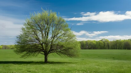 Springtime scene features a flourishing tree in a verdant pasture