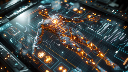 A man's body is displayed on a computer screen with glowing, metallic limbs