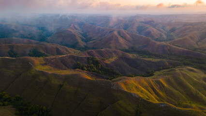 Aerial sunset view at Wairinding Hills, Sumba in East Nusa Tenggara, Indonesia
