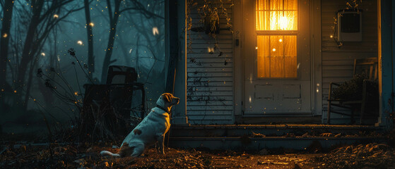 Silent vigil, dog waits for father, porch light, starlit night - obrazy, fototapety, plakaty