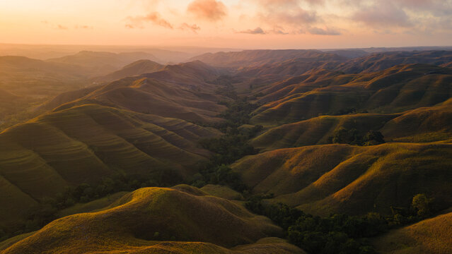 Aerial Sunset View At Wairinding Hills, Sumba In East Nusa Tenggara, Indonesia