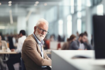 A middle-aged office manager looks attentively and intently at the computer - obrazy, fototapety, plakaty