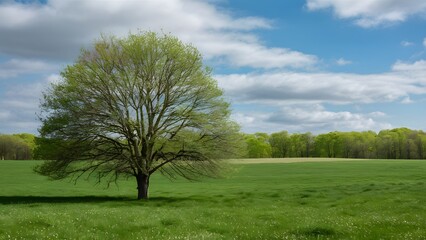 Fototapeta na wymiar Springtime scene features a flourishing tree in a verdant pasture