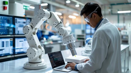 A skilled engineer is programming a state-of-the-art robotic arm in a modern industrial setting, showcasing the future of precision manufacturing.