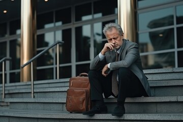 A middle-aged man in a business suit sits on the steps of his office in a depressed state. Ageism concept
