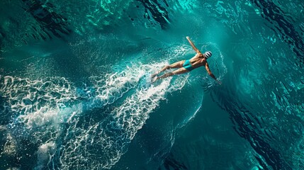 A powerful swimmer slices through the sparkling turquoise ocean, leaving a trail of bubbles, highlighting the beauty and dynamism of aquatic sports.