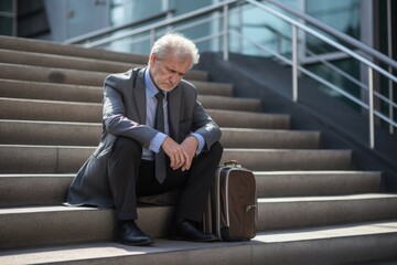 A middle-aged man in a business suit is sad about losing his jobs