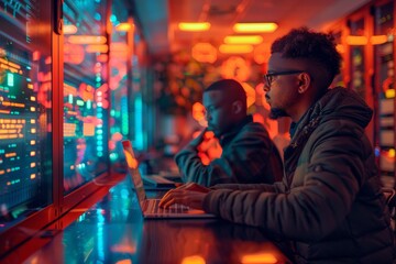 Two young tech enthusiasts are immersed in coding on their laptops in a cyber cafe bathed in the neon blue glow of data screens. - obrazy, fototapety, plakaty