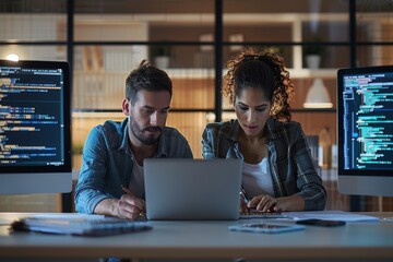 Two young tech enthusiasts are immersed in coding on their laptops in a cyber cafe bathed in the neon blue glow of data screens.