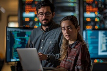 Two young tech enthusiasts are immersed in coding on their laptops in a cyber cafe bathed in the neon blue glow of data screens.