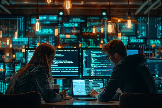 Two young tech enthusiasts are immersed in coding on their laptops in a cyber cafe bathed in the neon blue glow of data screens.