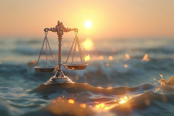 The golden scales of justice are serenely poised above the calm waters of an ocean, illuminated by the gentle light of sunrise, representing peace and order.