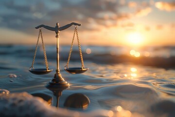 The golden scales of justice are serenely poised above the calm waters of an ocean, illuminated by the gentle light of sunrise, representing peace and order.