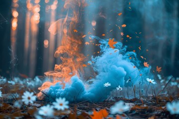 A creative depiction of mystical blue smoke rising amongst the autumn leaves, providing a surreal and tranquil forest scene.