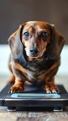 Dachshund on a weight scale with a dramatic sad face the epitome of regret after a treat binge