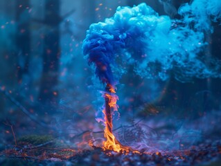 An audience is captivated by a theatrical performance where swirling blue and orange fog clashes dramatically in the limelight. - obrazy, fototapety, plakaty