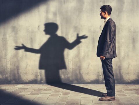 A man in a suit confronts his own shadow, depicting a larger than life character.