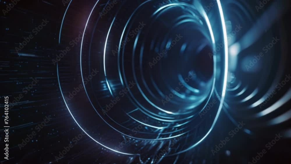 Poster a spiral shaped tunnel with a blue light shining through it.