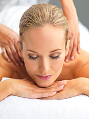 Self care, hands and woman with back massage at spa for wellness, health and relaxing. Calm, zen and happy female person sleeping for body skin treatment or therapy at beauty salon at resort.